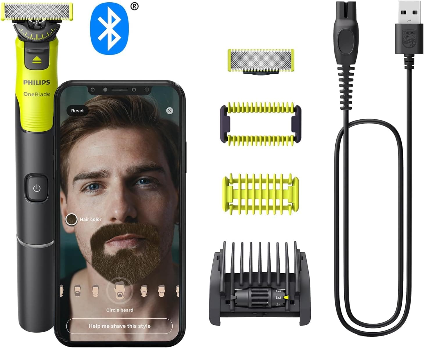 Philips OneBlade 360 Autêntica com Bluetooth, aparador de barba e corporal, máquina de barbear elétrica para homem, depilação masculina, 2 lâminas, 5 comprimentos, seco e húmido, recarregável