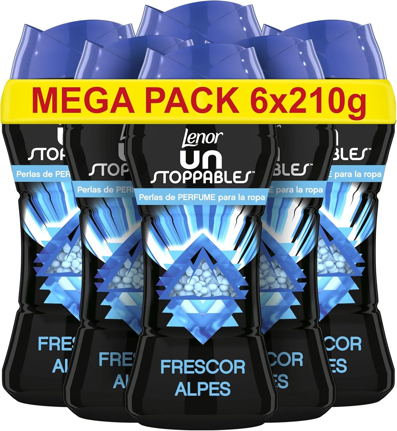 LENOR Unstoppables Pérolas de máquina de lavar perfumadas, 93 lavagens (6 x 210 g), suave para roupas, potenciador de fricção, fragrância alpes, floral