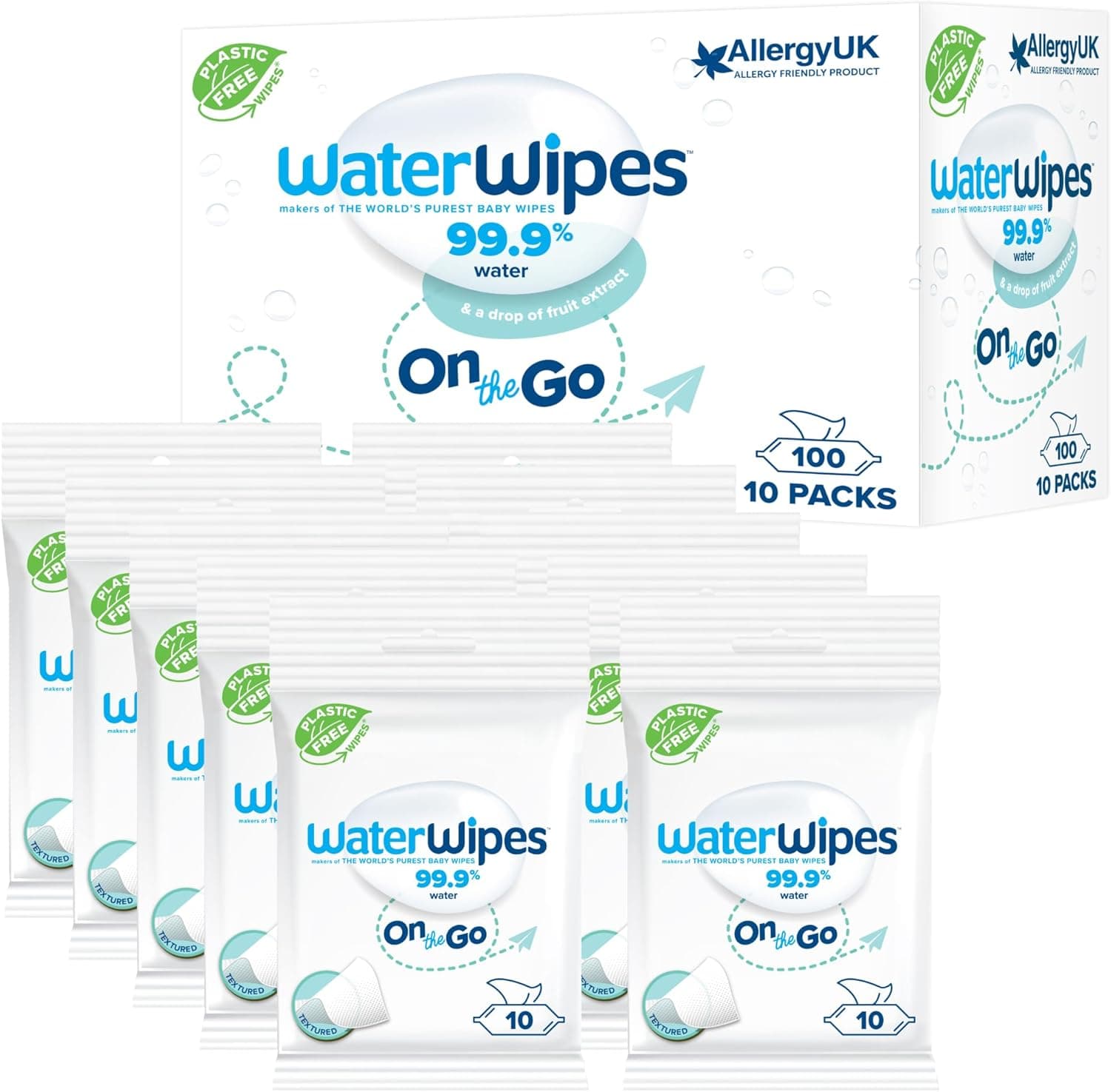 WaterWipes Toalhetes húmidos de viagem, 100 toalhetes (10 pacotes), toalhetes húmidos com base de 99,9% de água, ideais para viagens, projetadas para rosto e corpo