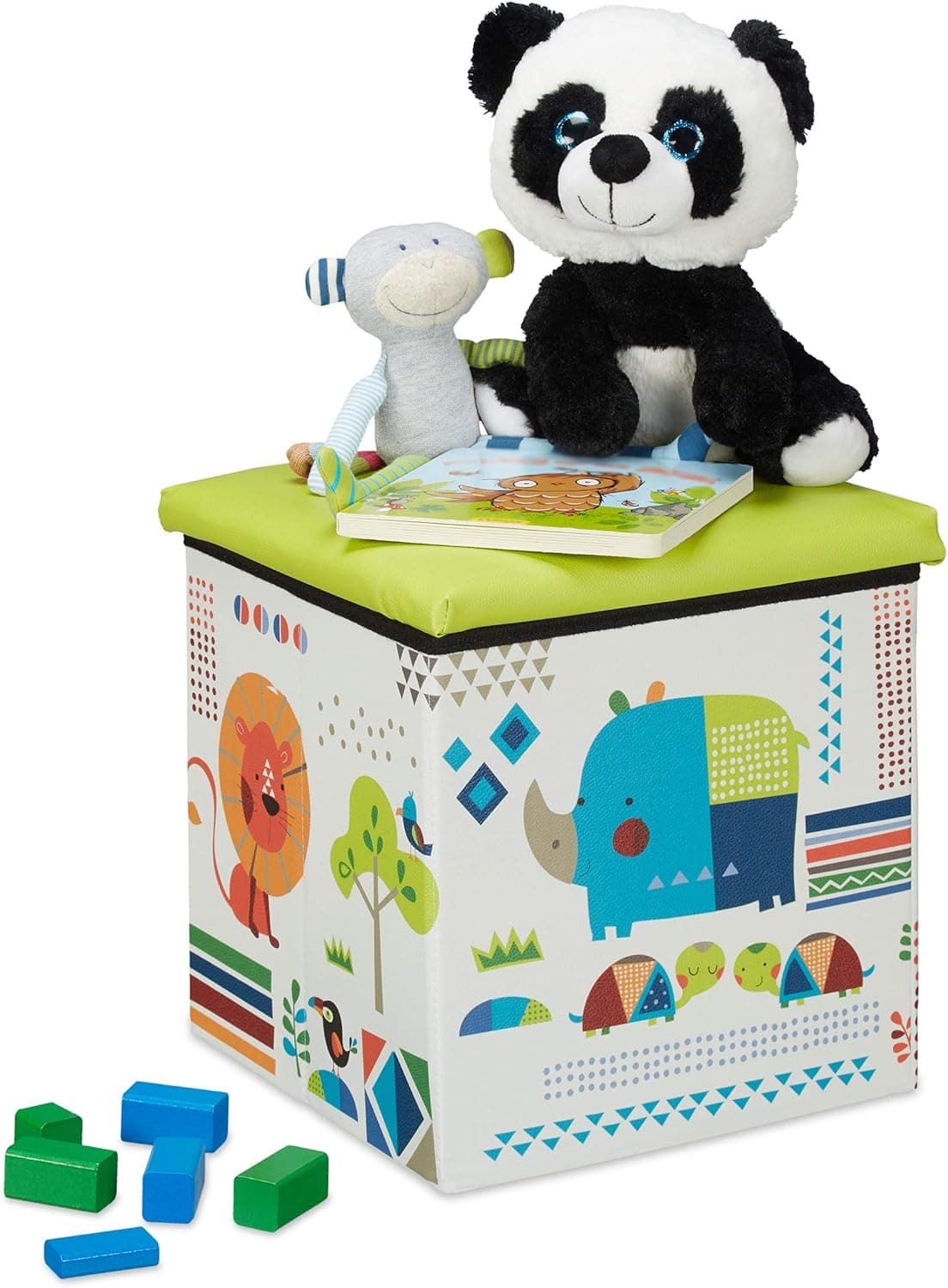 Relaxdays Banqueta de armazenamento infantil, design animal, assento dobrável armazenamento, 31 x 31 x 31 cm, verde/branco