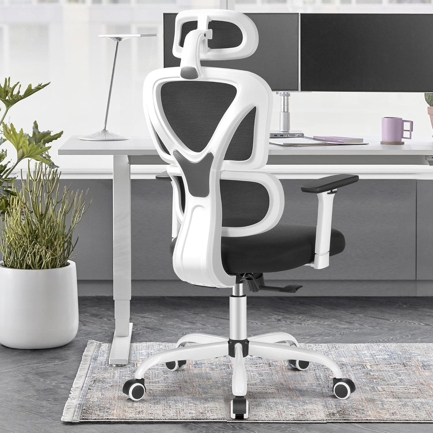 DoChair Cadeira de secretária ergonómica cadeira de escritório com rodas, altura e inclinação ajustáveis, com suporte lombar e apoio de cabeça ajustável e 3D apoios de braços, malha respirável, carga