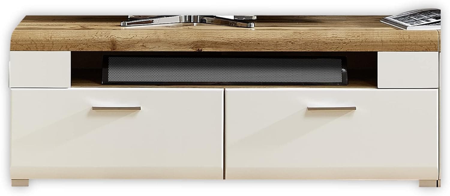 Stella Trading Fun Plus | Móvel baixo para TV branco com estante superior em carvalho para sala, 140 cm