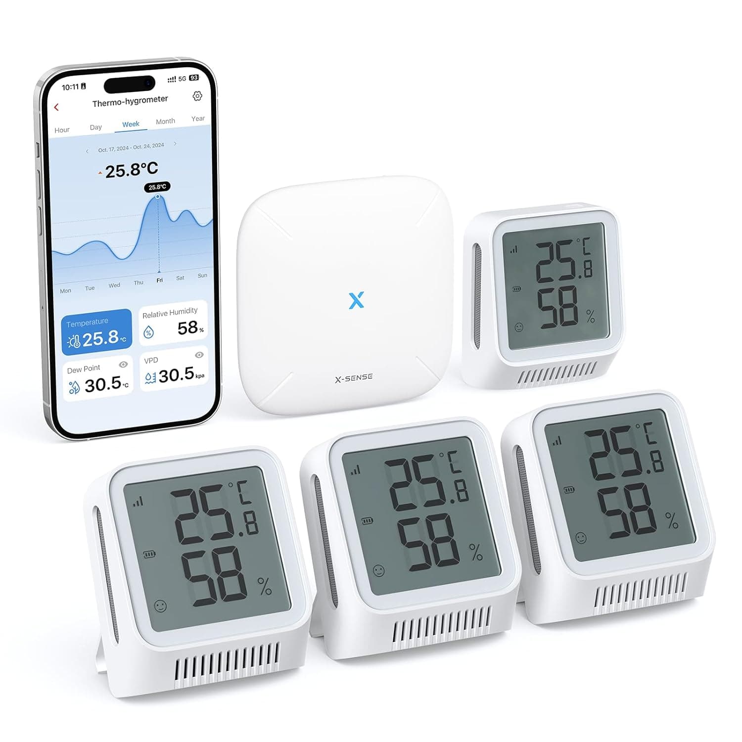 X-Sense Termómetro higrómetro sem fios interno com ecrã LCD, controlo de temperatura e humidade por aplicação, compatível com Alexa, 4 sensores e estação base SBS50, STH0A41