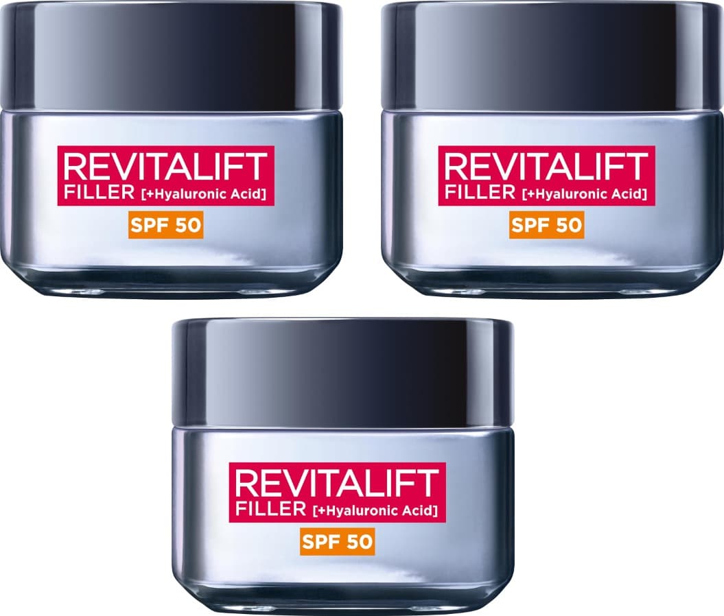 L'Oreal Paris Revitalift Filler | Creme de dia antirrugas com ácido hialurónico, 50 ml x 3