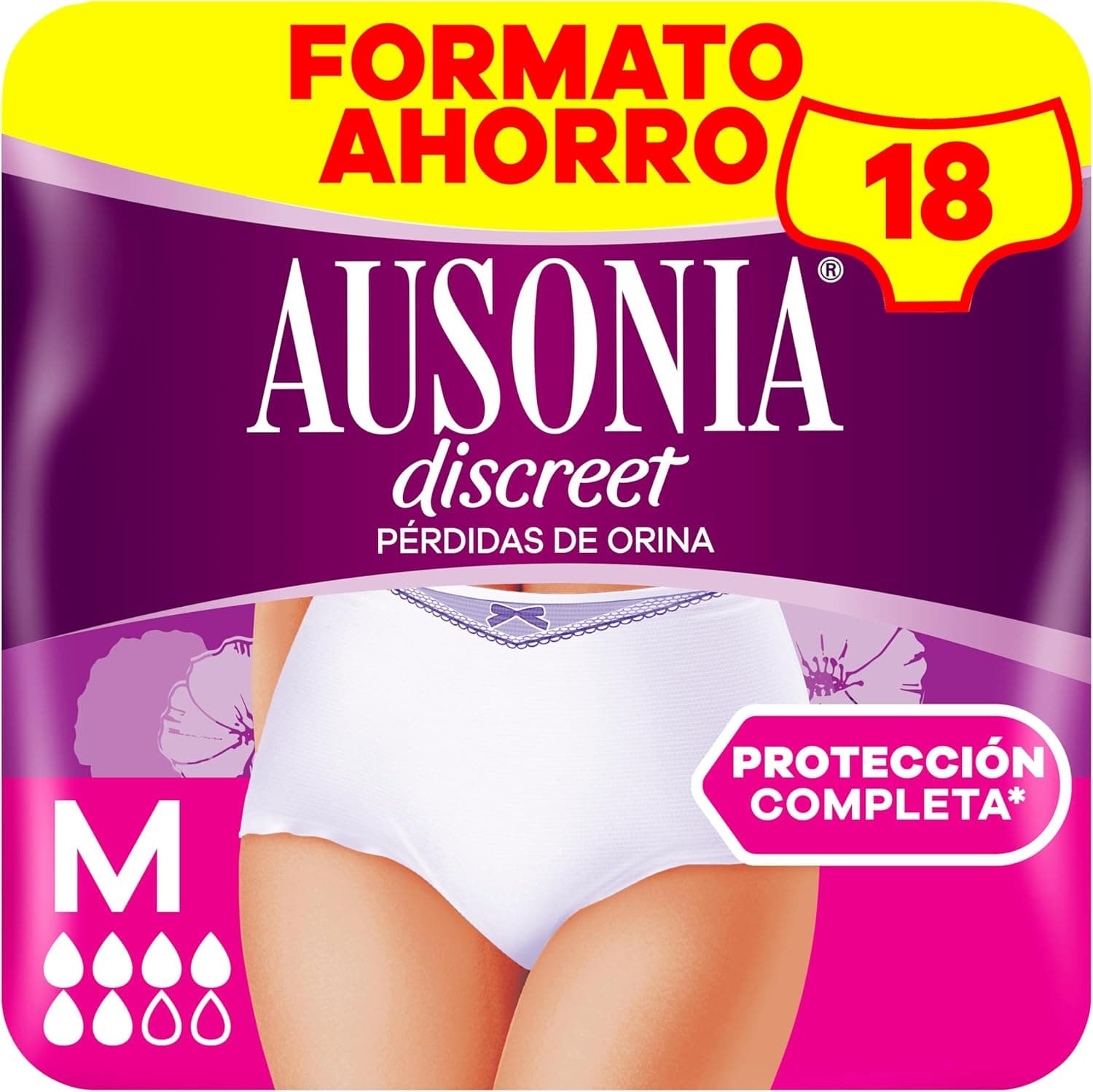 Ausonia Discreet Pants Plus, roupa interior para perda de urina, 18 cuecas incontinência mulher. Tamanho M. Retém odores, humidade e evita fugas