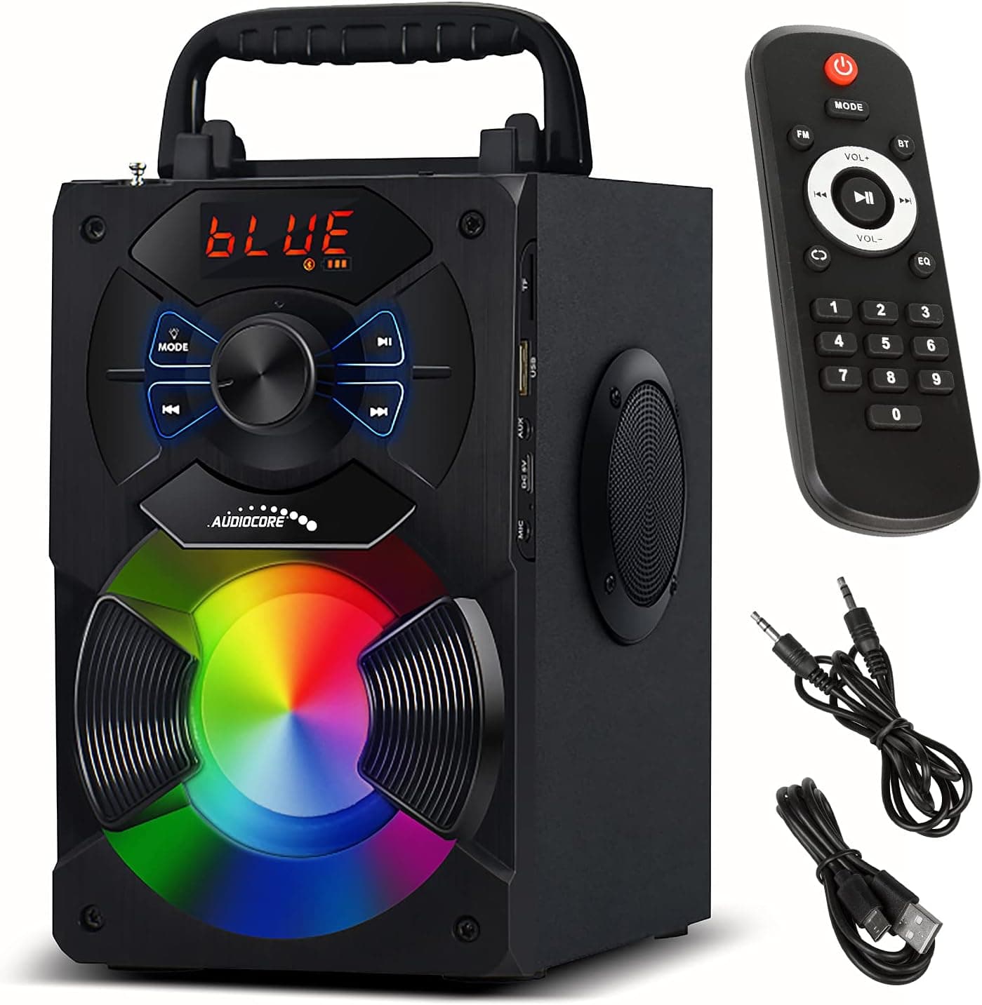 Audiocore AC730 Altifalante Bluetooth portátil altifalante sem fios com potência de saída de 11 W/rádio/SD/MMC/AUX-In/USB/iluminação/controlo remoto/antena telescópica/entrada de microfone/pega
