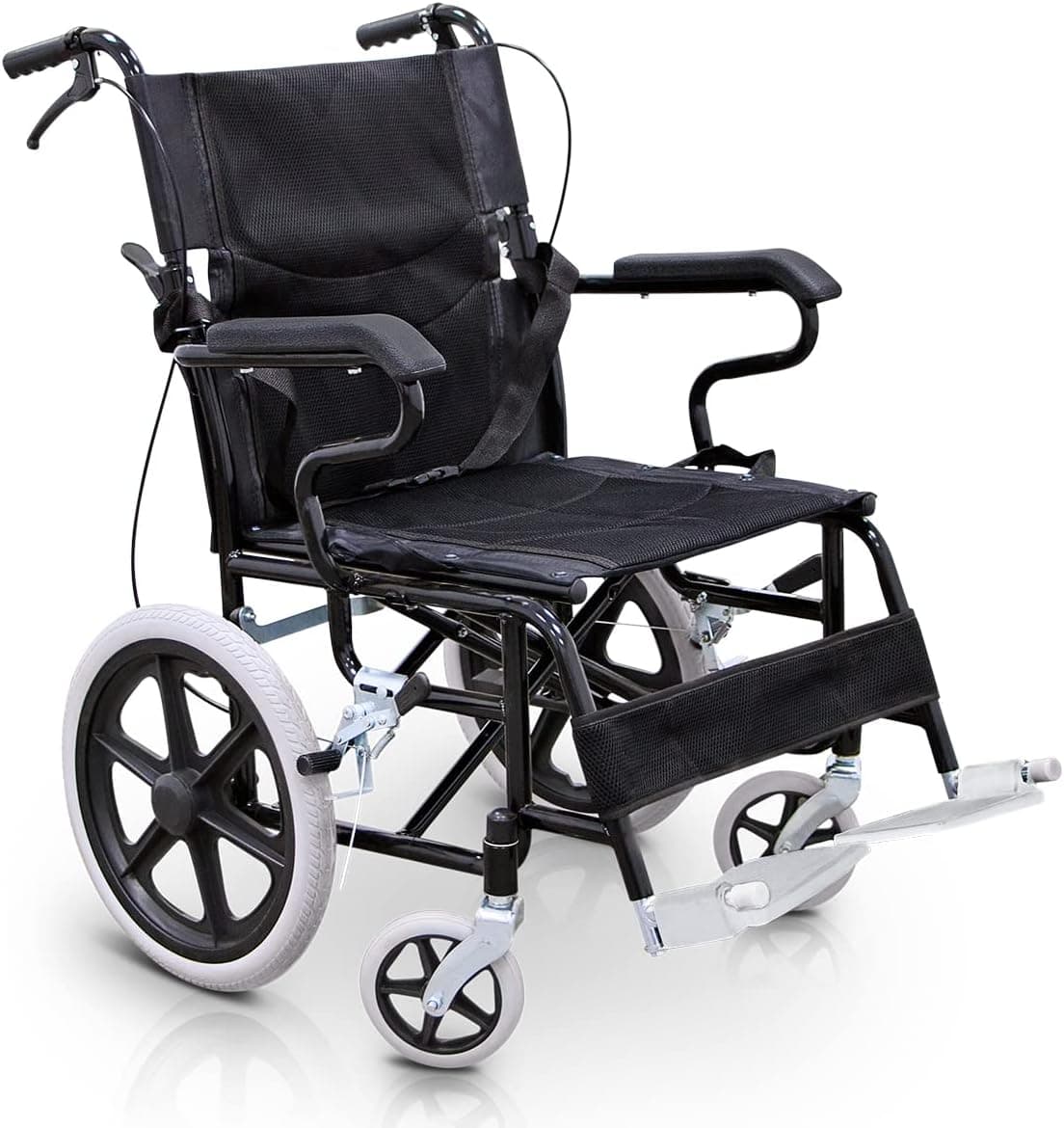 QUIRUMED Folding Wheelchair | Cadeira de rodas dobrável com apoios de pés removíveis, cinto de segurança e travões, até 120 kg