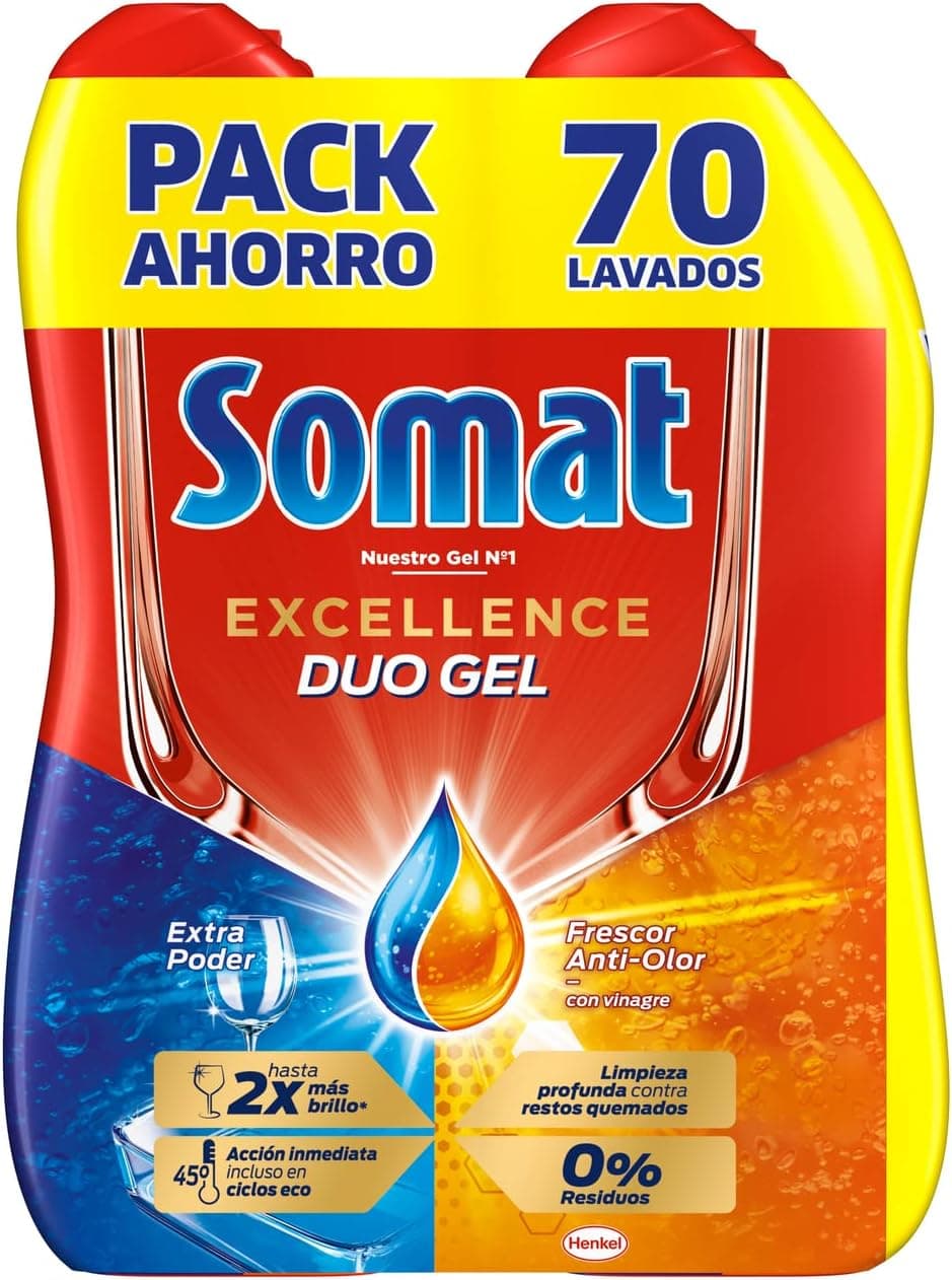 Somat Excellence Gel Frescor Anti-odor (70 lavagens), detergente lava-louças desengordurante, máquina de lavar louça líquido automático em garrafa, sabão para pratos com vinagre