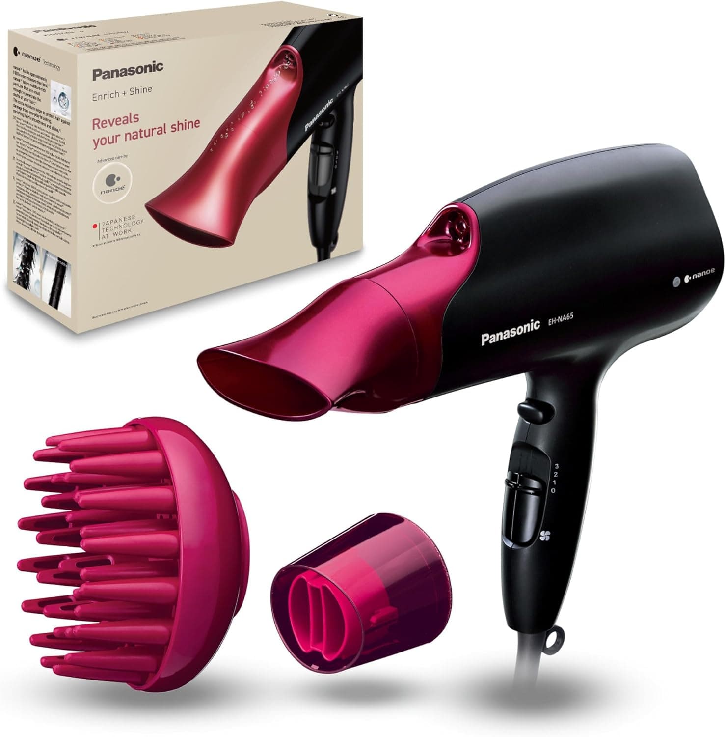 Panasonic EH-NA65-K825 Secador profissional para hidratação e brilho, tecnologia Nanoe avançada, potente 2000 W, 3 velocidades e 4 temperaturas, botão de ar frio, com difusor preto e rosa