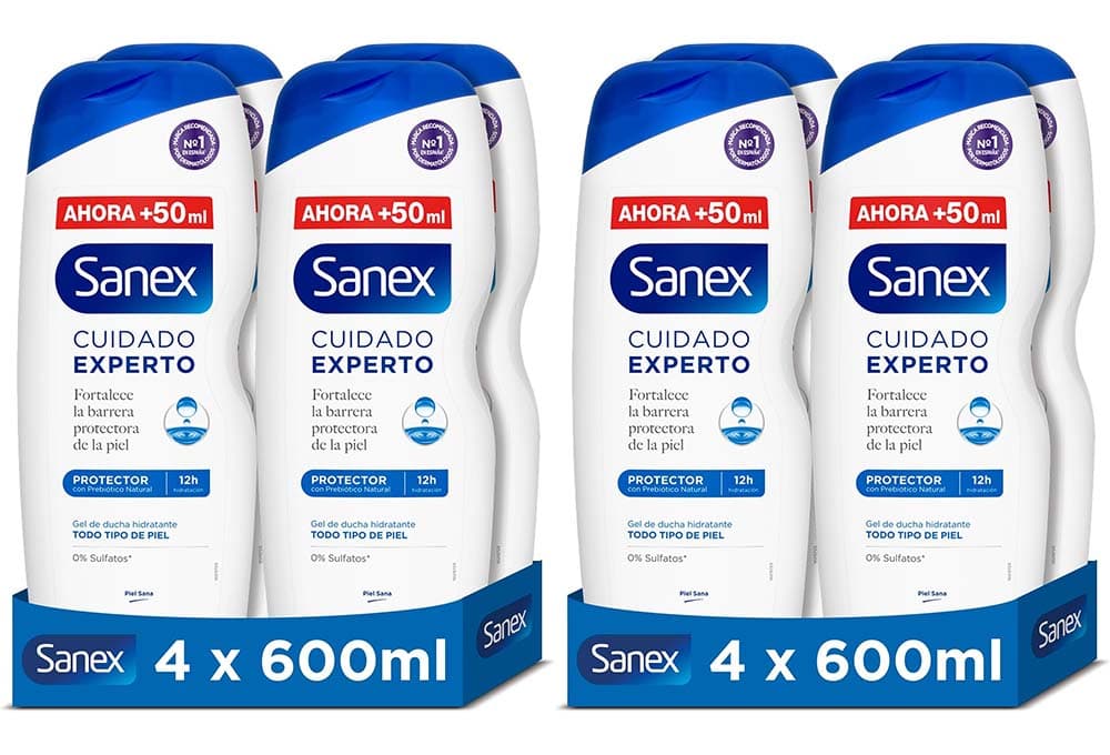 Sanex Cuidado protetor de gel de duche, conjunto de 4 unidades x 600 ml, fórmula com prebiótico natural, fortalece a barreira protetora da pele, 12 H hidratação, 0 % sulfatos