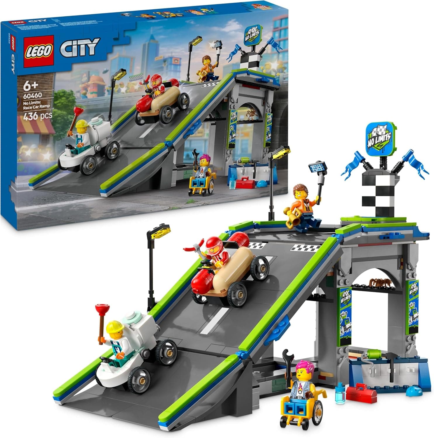 LEGO City Sem limites: Rampa de aceleração para carros de corrida de brinquedo com 4 minifiguras, 2 carros loucos de cachorrinho quente e inodoro, presente para meninos e meninas de 6 anos ou mais