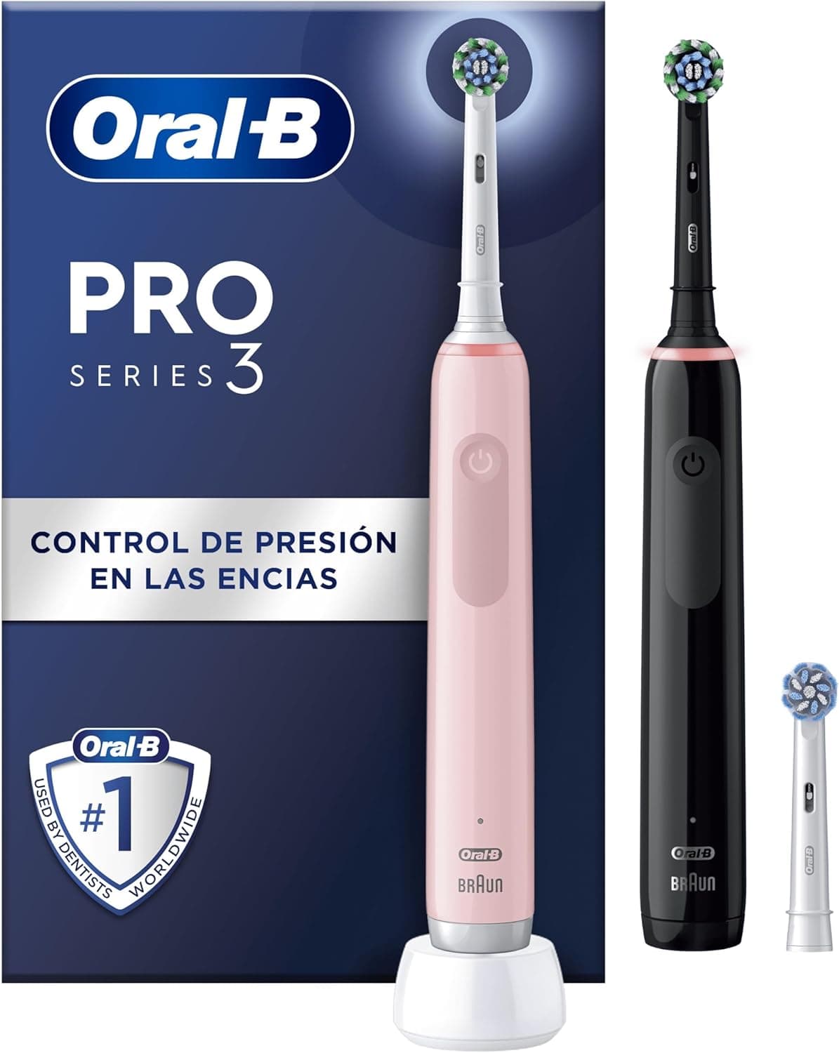 Oral-B Pro 3 3900N Escovas de dentes elétricas (pacote de 2) com cabo recarregável e cabeça de substituição, desenhado por Braun, presentes originais para mulher e homem - preto e rosa