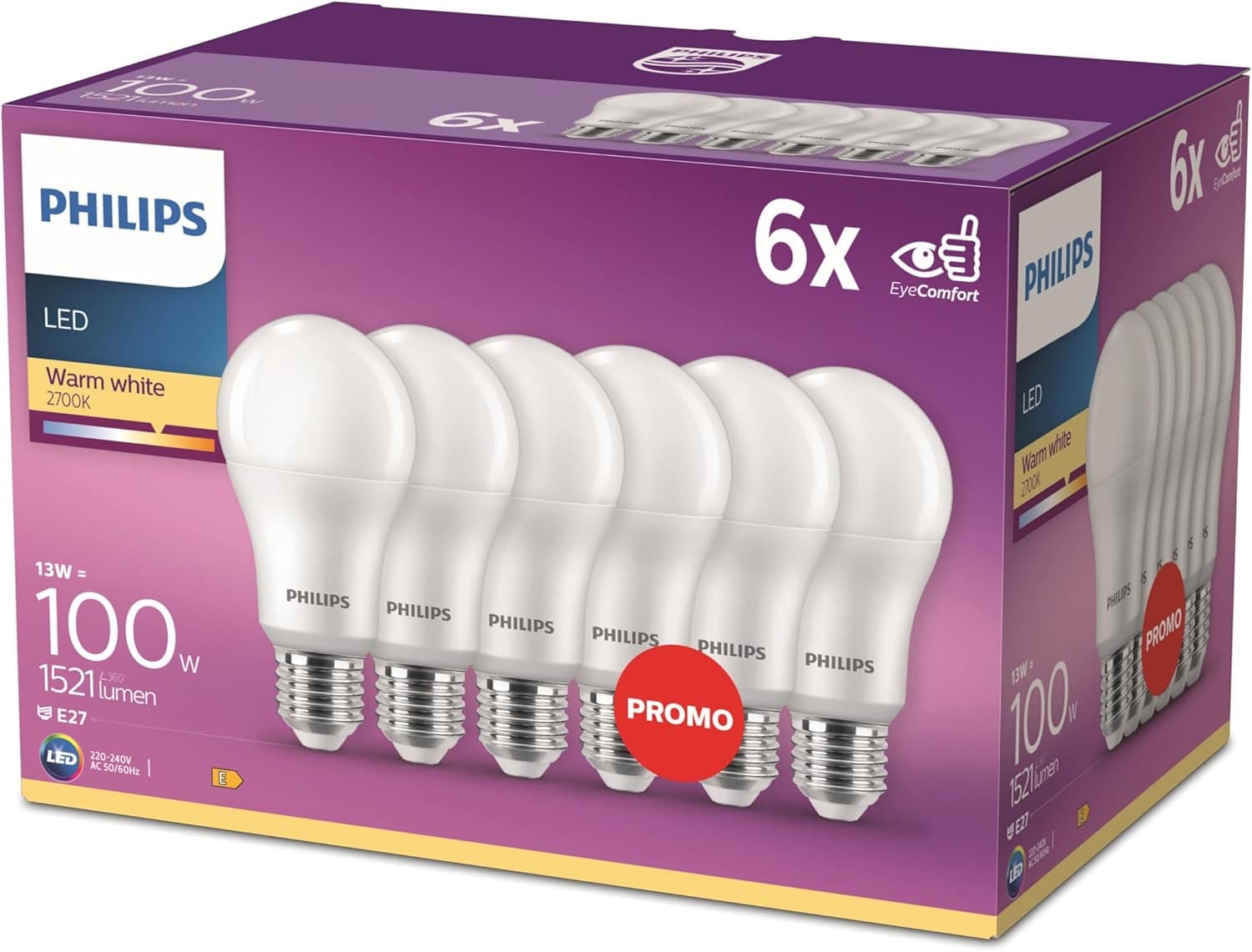Philips Lâmpada LED padrão E27, luz branca quente de 100 W, mate, não ajustável, pack 6