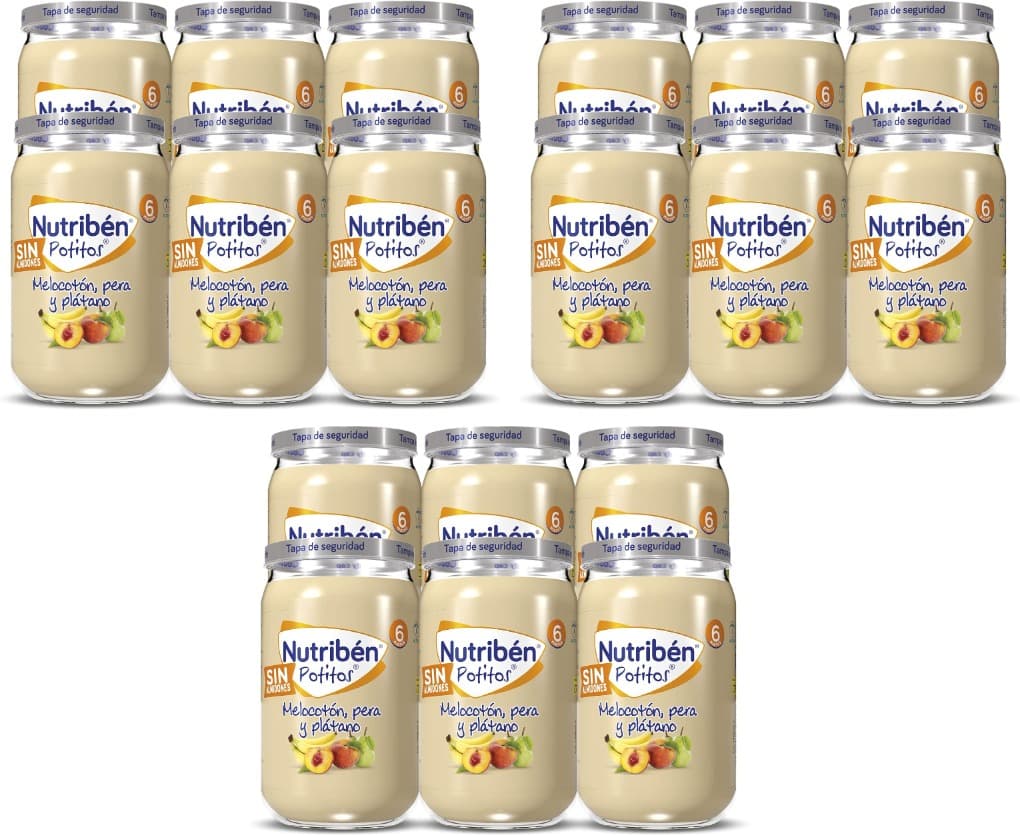 Nutribén Pequenos | Puré de pêssego, pêra e banana para bebés a partir dos 6 meses, 235 g x 18