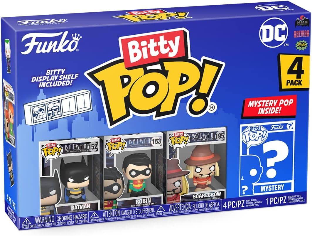 Funko Bitty POP! DC - Batman 4 pacote inclui Batman, Robin, Scarecrow, And A Mystery Figure e uma mini figura misteriosa de surpresa - 2,3 cm - DC Comics - Figuras em miniatura colecionáveis