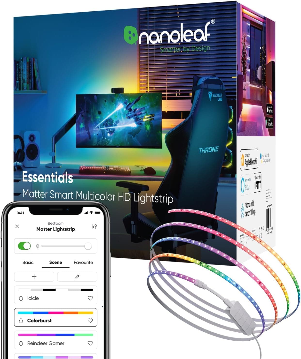 Nanoleaf Matter Essentials Lightstrip Starter Kit, 5 m faixa LED HD RGBW inteligente, luzes LED de 16 m cores direcionáveis, Matter sobre WiFi, Bluetooth, compatível com Google Apple