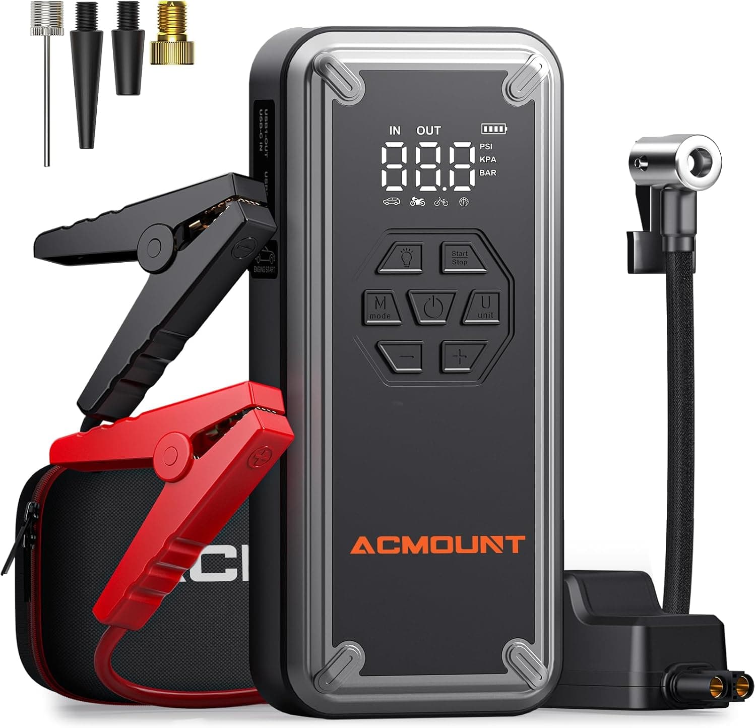 Acmount Arrancador de baterias de carro portátil com compressor de ar, 12 V 4000 A carregador de baterias carro e mota para 9,0 l gasolina ou 8,0 l gasel, 150 PSI compressor de ar com ecrã LCD, luz