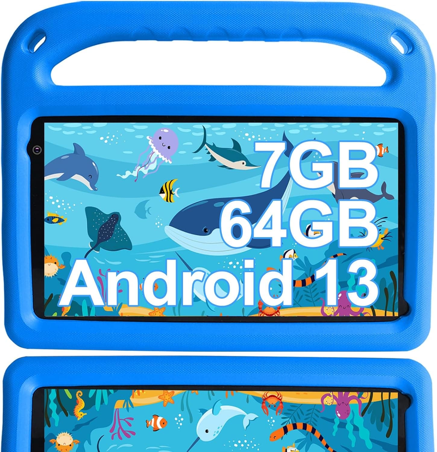 SUAAT Tablet crianças Android 13 7 GB RAM + 64 GB ROM, tablet para crianças de 7 polegadas, WiFi, Bluetooth, GPS, educação jogos, câmara dupla, controlo parental, com EVA capa - azul