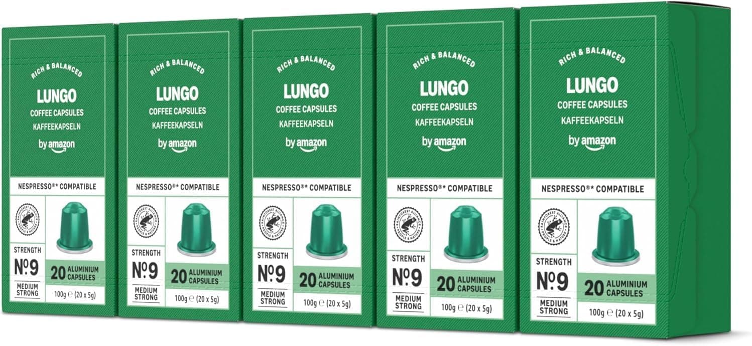 by Amazon - Cápsulas de café lungo, torrada média, compatíveis com Nespresso, 100 unidades, 5 embalagens de 20, certificado Rainforest Alliance