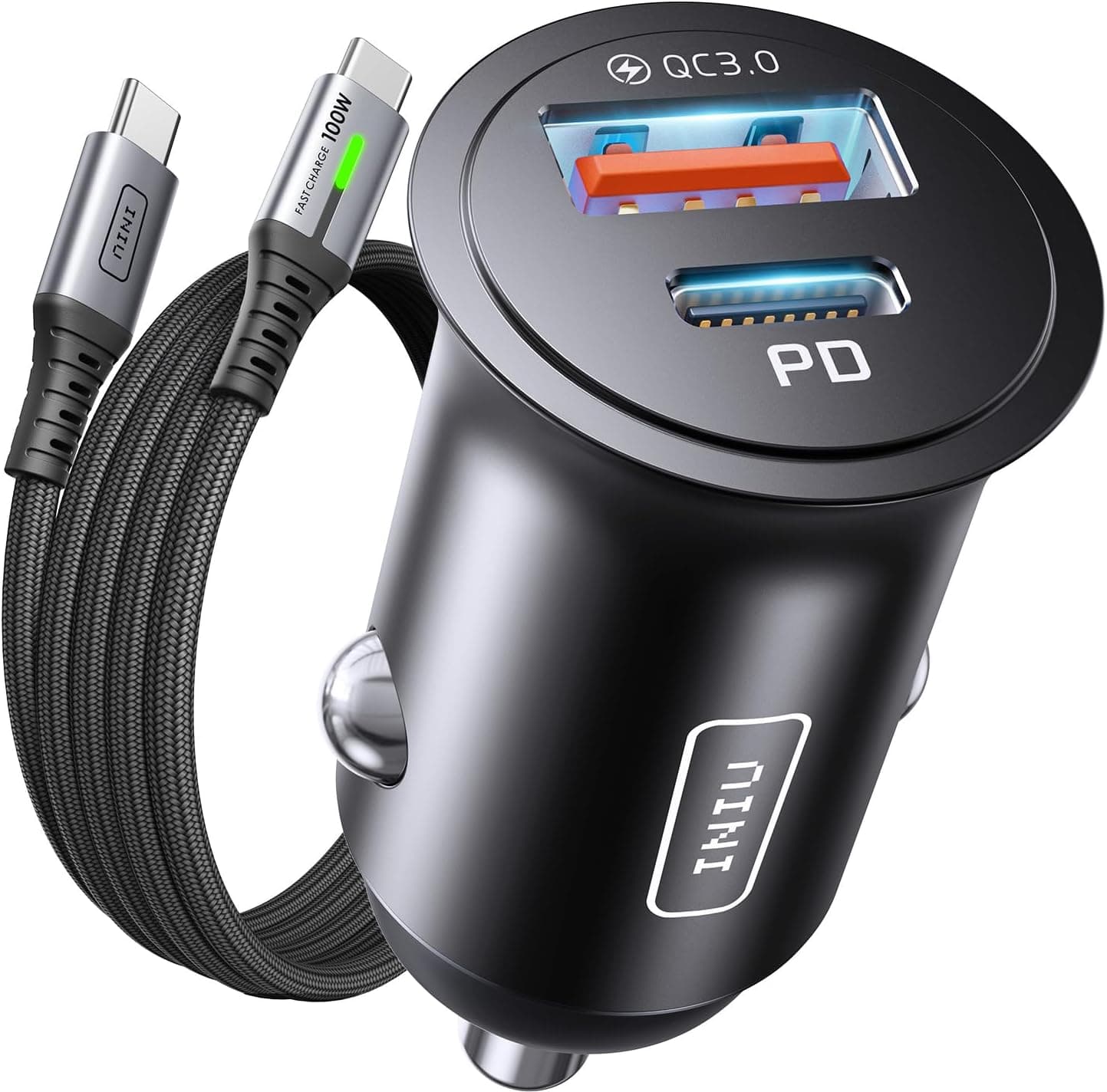 INIU Carregador de isqueiro de carro com carregamento rápido, [USB C 30 W+USB A 30W] com cabo de 100W de 1 metro