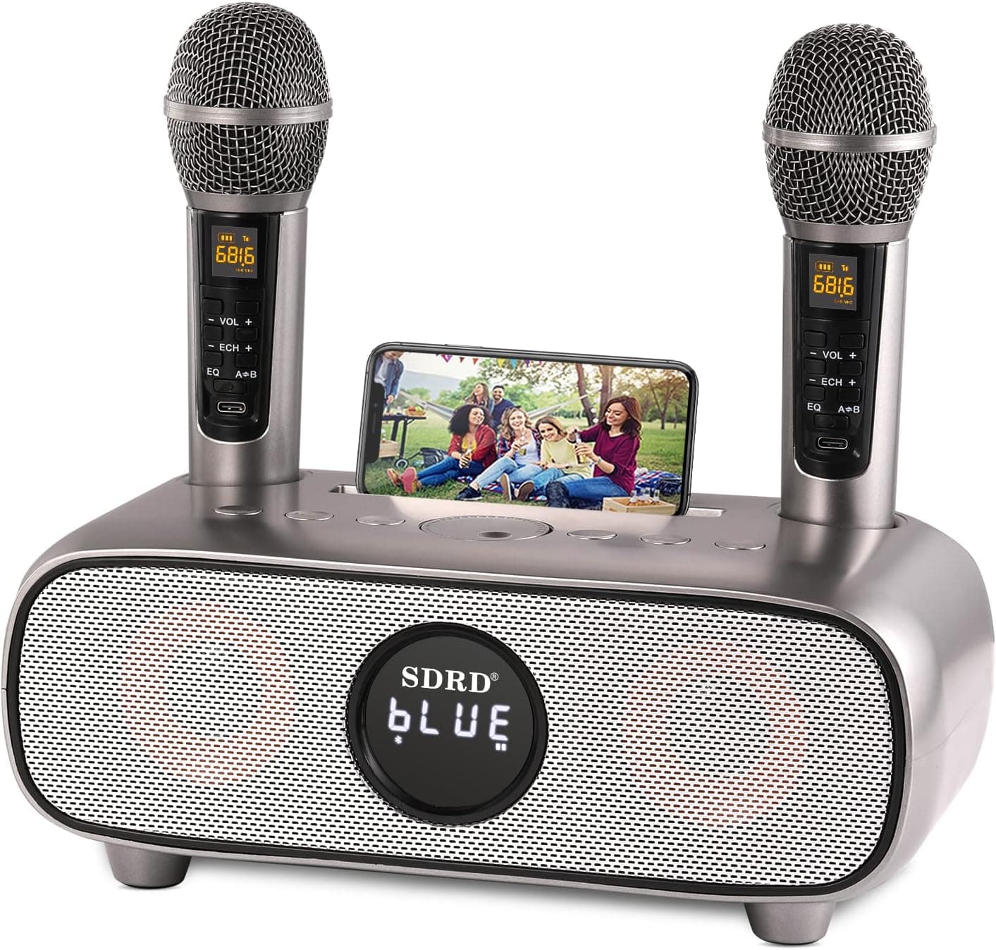 Máquina Karaoke profissional, portátil com Bluetooth, altifalante com microfone sem fio, menina, dupla UHF para TV, cantar, festa, casamento, discurso (cinzento)