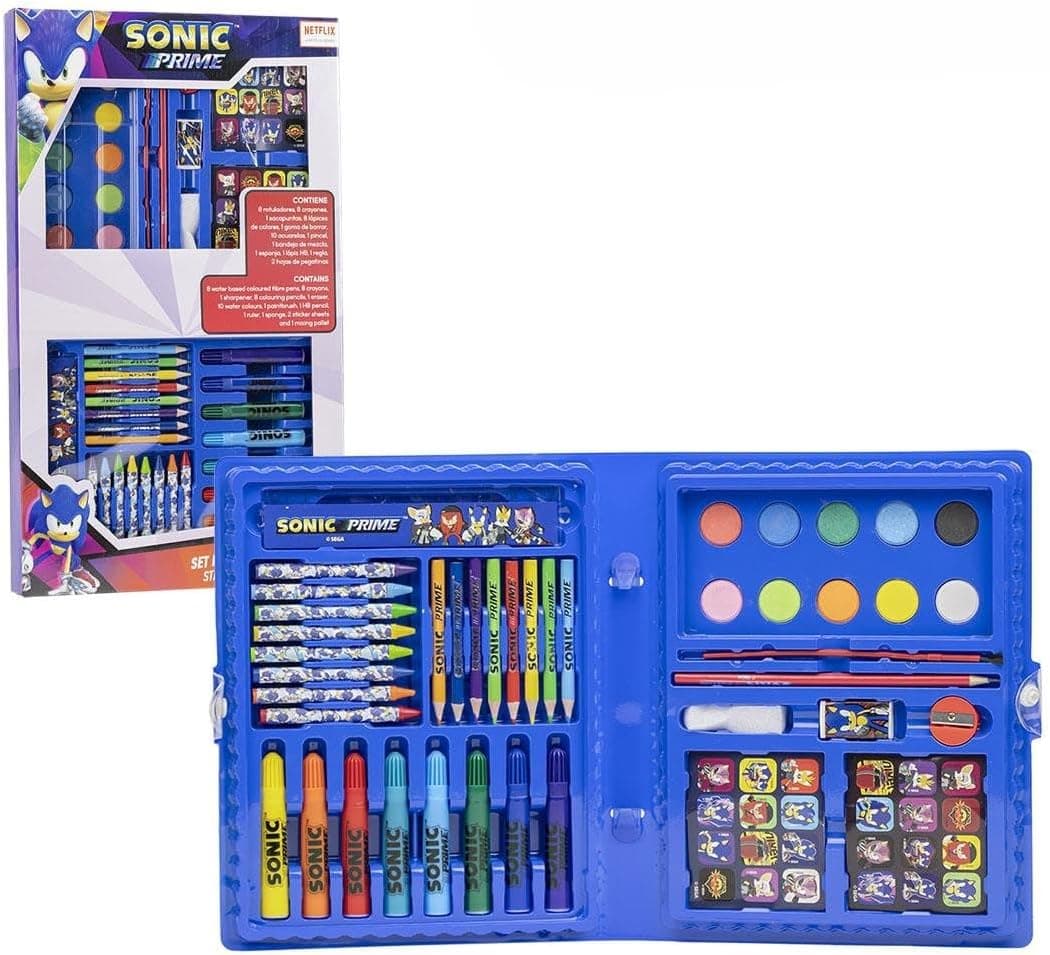 Caixa para colorir Sonic - inclui marcadores e lápis de cor, aguarela e autocolantes - regra para fazer traços definidos - kit de material escolar - produto original desenhado em Espanha