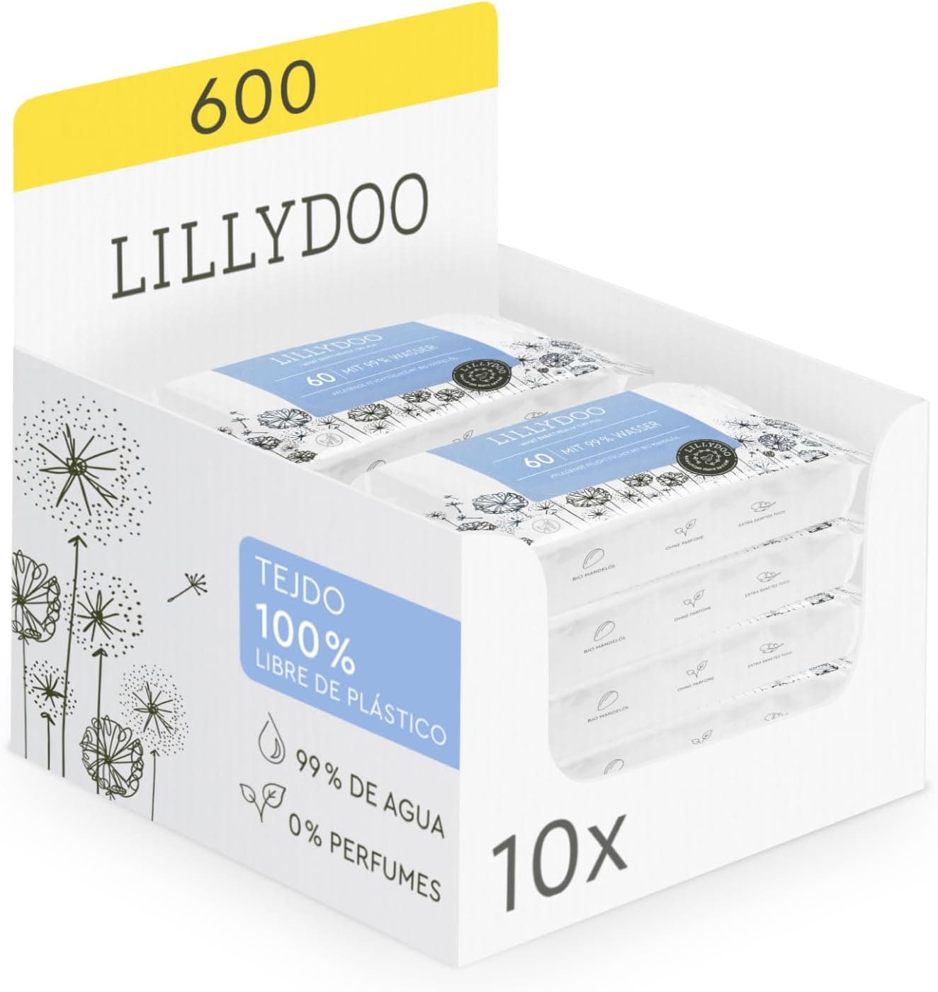 Toalhetes húmidos para bebés LILLYDOO com 99% de água, 10 embalagens de 60 (600 toalhas), toalhitas 100% biodegradáveis sem perfumes e tão macias quanto algodão e água (FSC Mix)