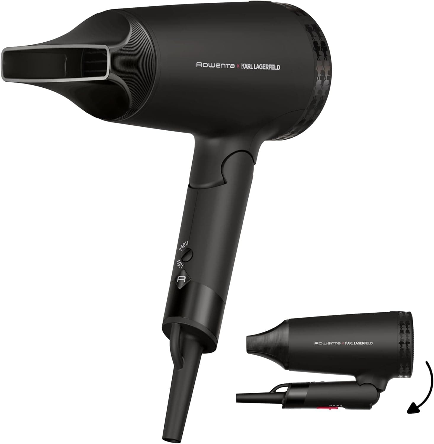 Rowenta x Karl Lagerfeld Express Style - Secador de cabelo tecnologia, economia de energia, alta eficiência, concentrador, secagem fácil, golpe ar frio, alça dobrável, voltagem dupla, CV184L