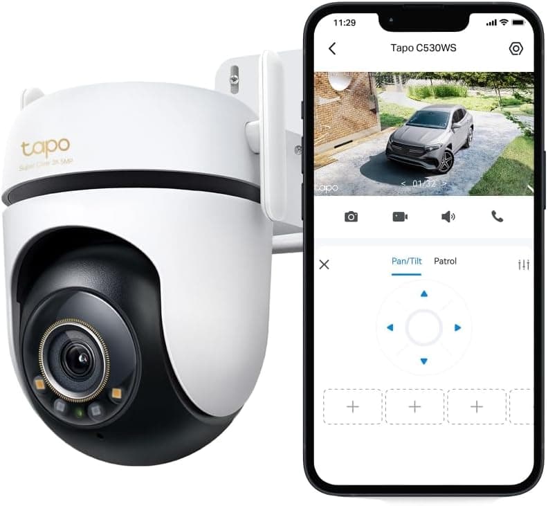 Tapo C530WS Câmara de segurança exterior, 360°, 3K 5MP, visão noturna, cor, resistência IP66, alarme sonoro/luz, detecção AI, armazenamento em nuvem/SD 512GB, áudio bidirecional