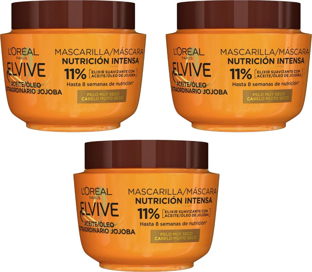 L'Oreal Paris Elvive Máscara nutritiva óleo extraordinário com óleo de jojoba, para cabelo seco, 300 ml x 3
