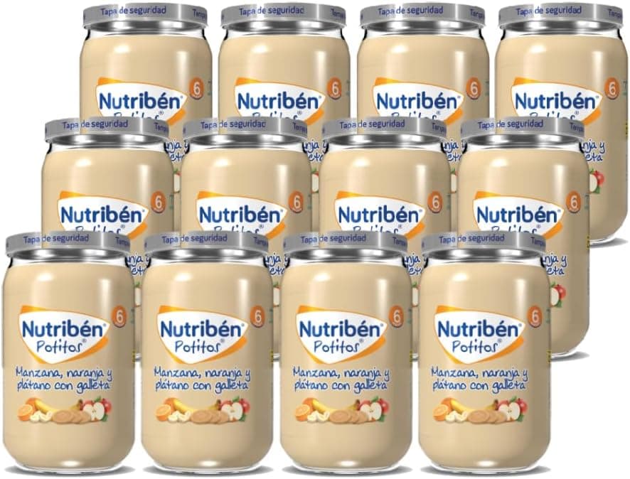 Nutribén Potinhos | Tarrinho de maçã, laranja e banana com bolacha, para bebés a partir de 6 meses, sem adição de açúcares, sem glúten, ovo, leite, conjunto de 12 unidades, 2820 g