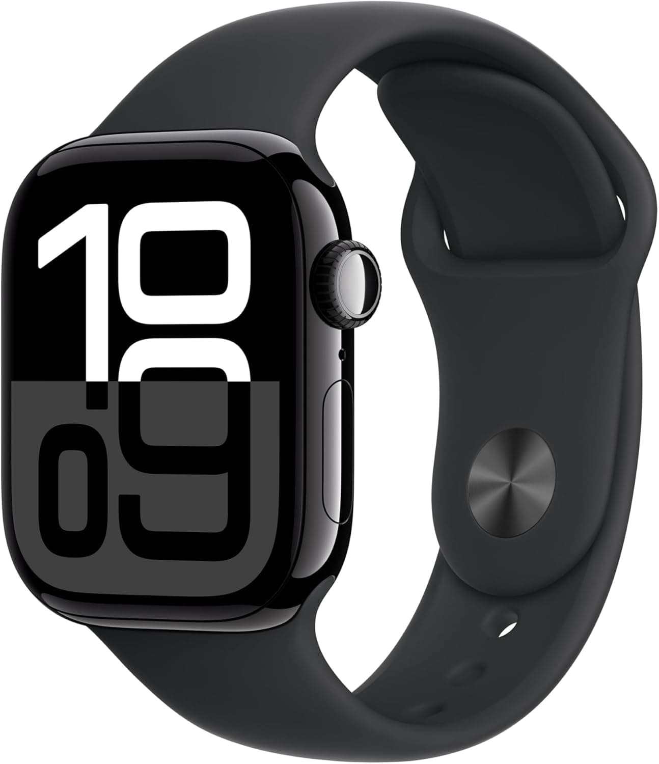 Apple Watch Series 10 GPS Smartwatch com caixa de alumínio preto brilhante de 42 mm e correia desportiva preta - tamanho S/M. Monitor de treino, App ECG, ecrã Retina sempre ativo