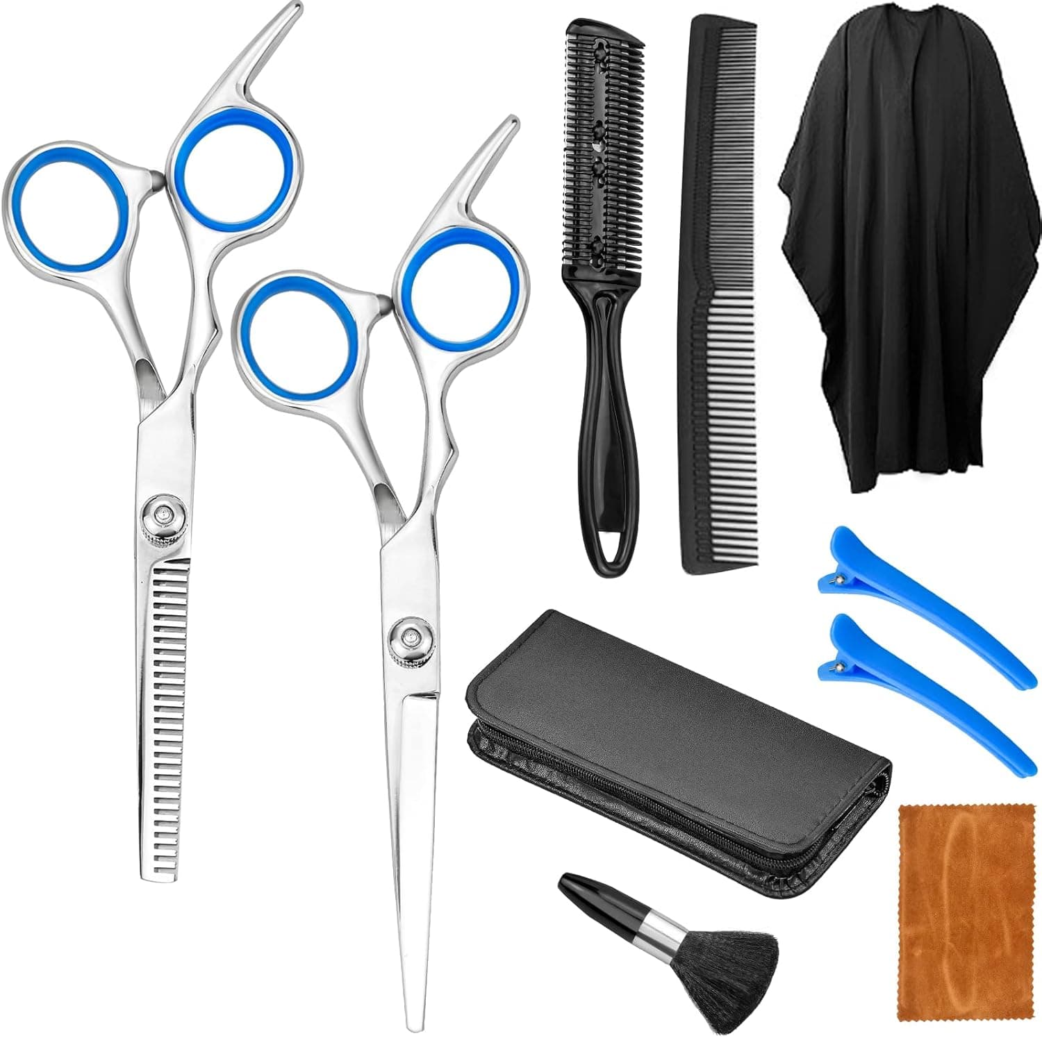 Conjunto de 10 peças de cabeleireiro profissional - tesouras de aço inox, capa de barbeiro, pente de máquina de barbear, clipes, etc