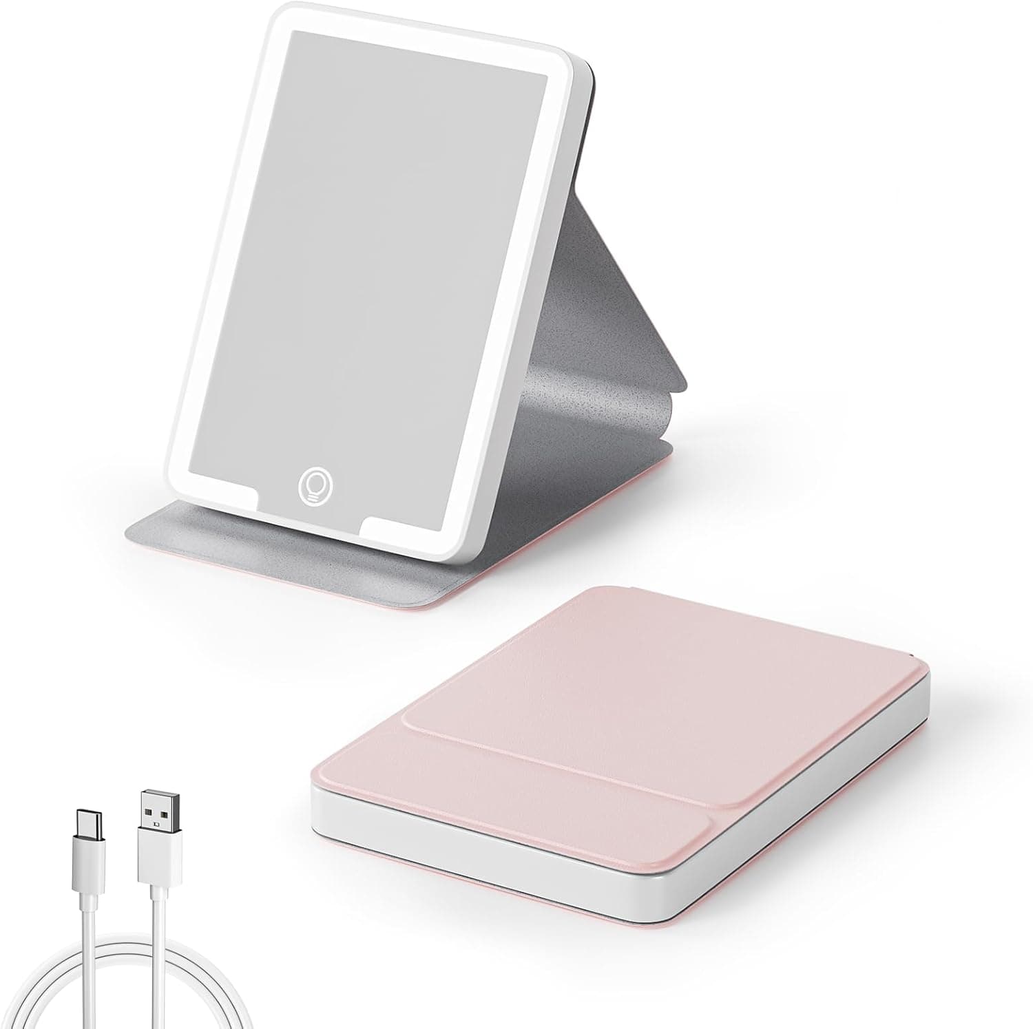 Kintion Espelho de maquilhagem de viagem, recarregável com luz LED, dobrável, 3 modos de cor