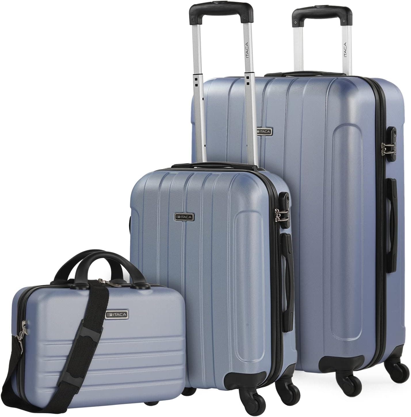 ITACA | Conjunto de 3 malas de viagem rígidas com candado de combinação e 4 rodas 360 graus mais nécessaire