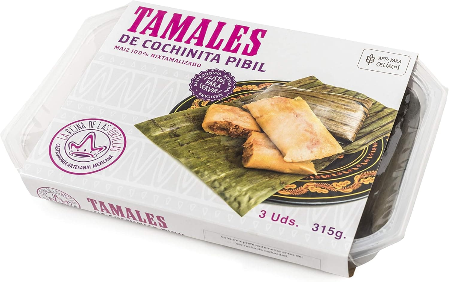 La Reina de las Tortillas - Líder europeu em gastronomia artesanal mexicana - Tamales de cochinita pibil. Pronto para servir. Milho 100% nixtamilizado. Adequado para celestes. Bandeja de 3 unidades