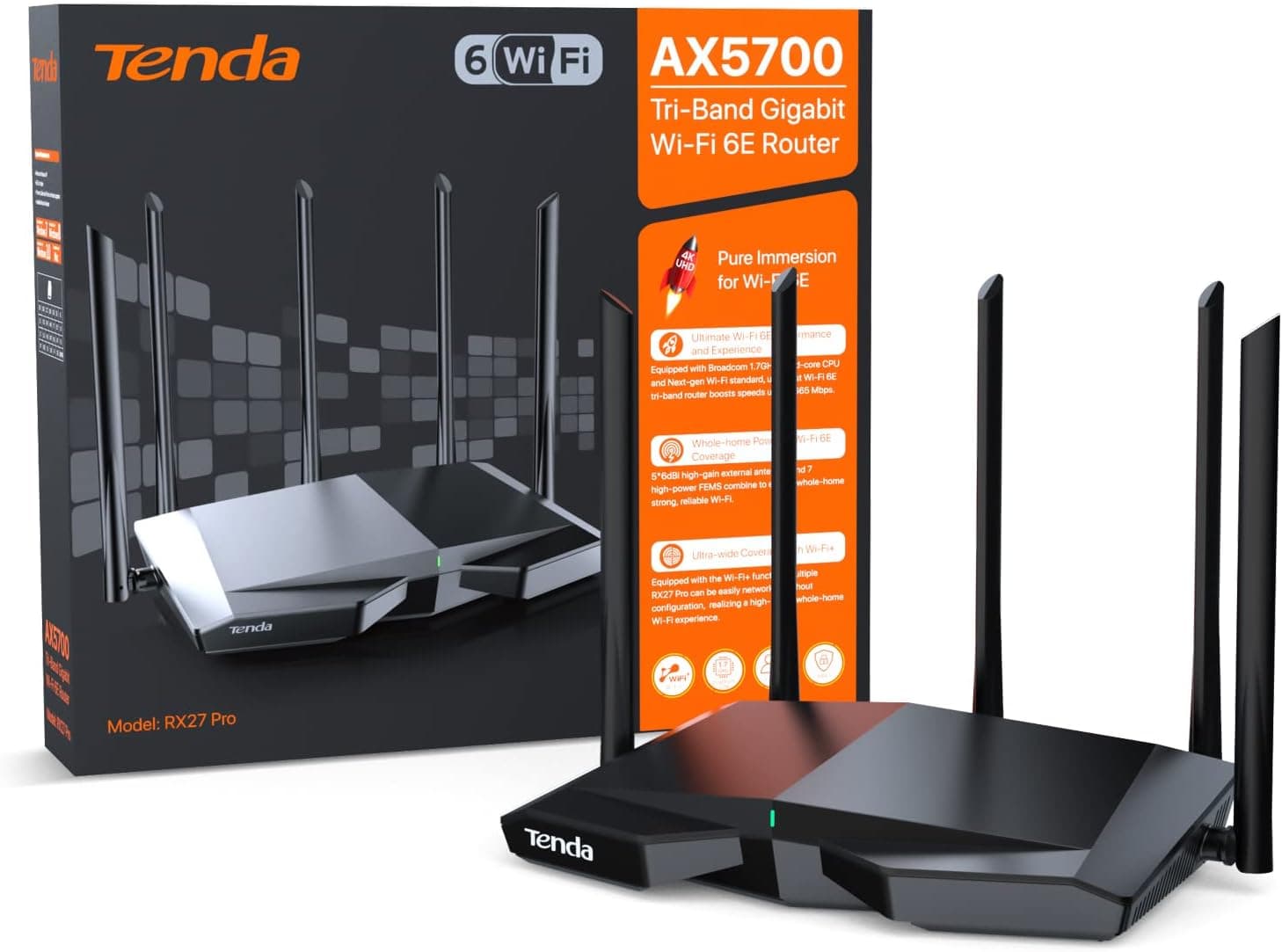 Tenda Router WiFi 6E de Tri-Band AX5700 Gigabit (6 GHz, 5 GHz: 2402 Mbps, 2,4 GHz: 861 Mbps) 5 antena 6dBi, CPU de 1,7 GHz, VPN Router Wi-Fi Mesh para AR/VR/Steam 4K/8K - RX27 Pro