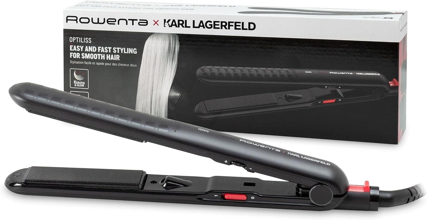 Rowenta x Karl Lagerfeld Optiliss Ionic SF323L Ferro de cabelo com revestimento cerâmico para cabelos macios, 10 temperaturas até 230º, alisamento eficiente, caracóis e ondas, preto