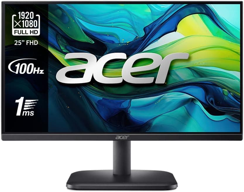 Acer EK251Q EBI Monitor de 25" Full HD IPS 100 Hz (62,2 cm, 1920x1080, 16:9, 250 Nits, tempo de resposta 1ms VRB, AMD FreeSync, ZeroFrame, 1xVGA/1xHDMI 1.4 Meses onitor PC, cor preta