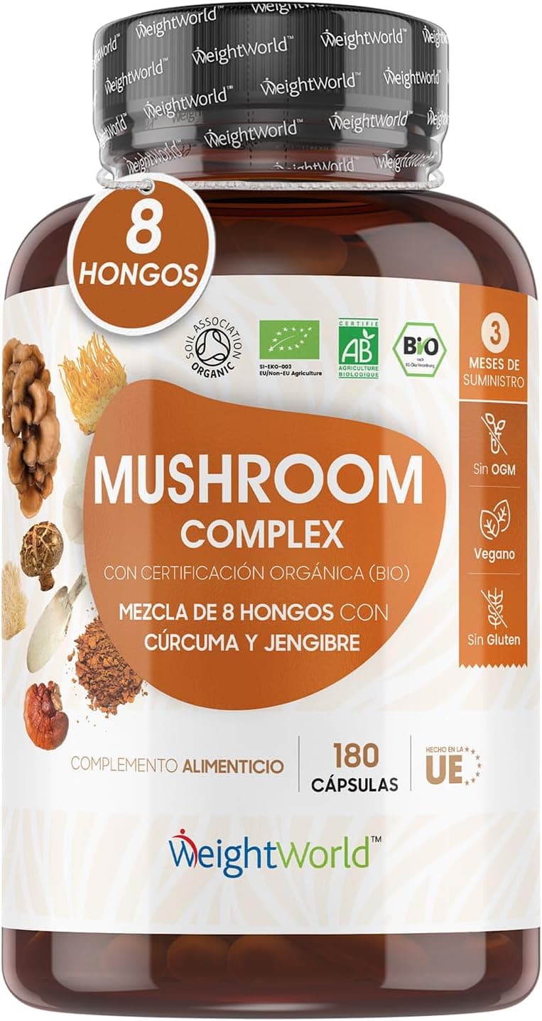 Cogumelos Complex Bio - 180 cápsulas de 8 cogumelos e cogumelos como Lions Mane, Reishi, Shiitake, Maitake, Chaga e Cordyceps - Mushroom Complex de melena de leão enriquecida com gengibre e açafrão