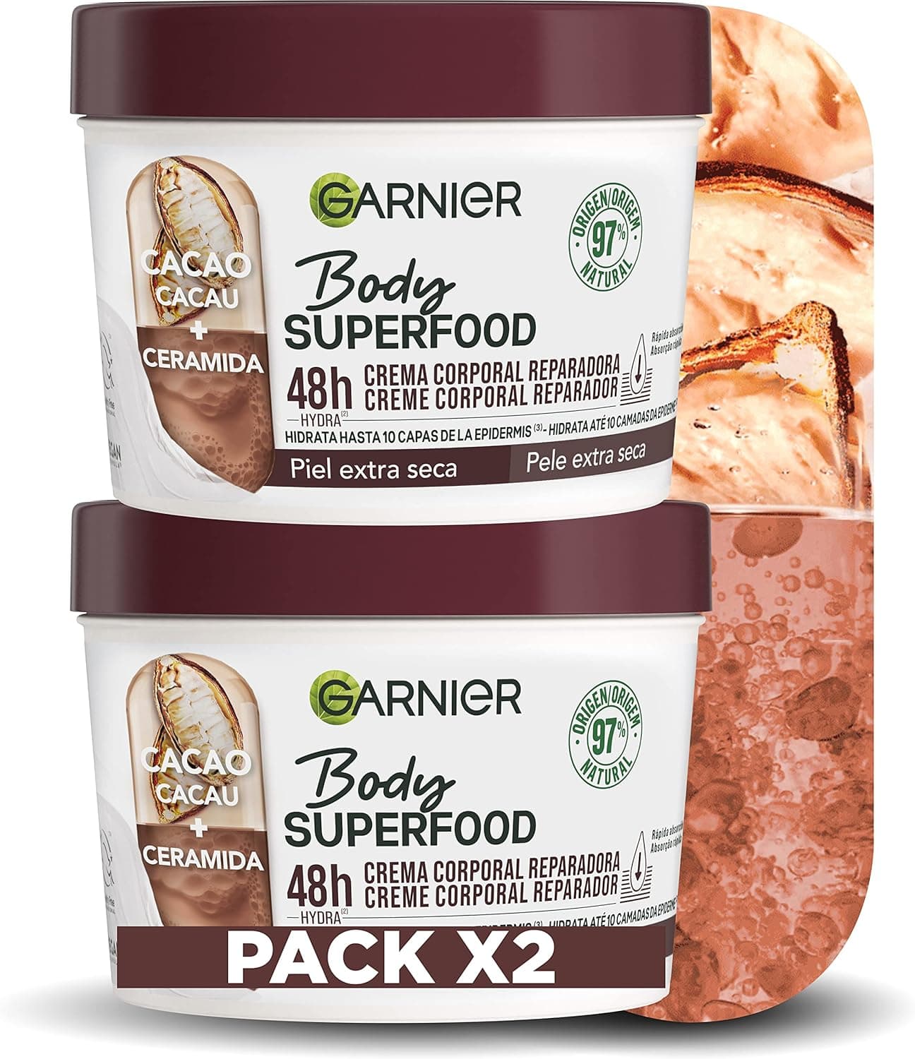 GARNIER Body Food cacau, hidratação, calmante, 380 ml x 2