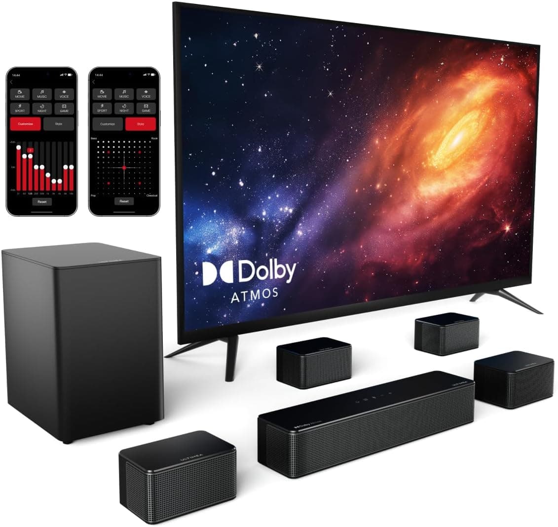 ULTIMEA 7,1 ch Barra de som com Dolby Atmos, som surround 3D, controlo por aplicativo, barra de som TV com subwoofer sem fios e 4 altifalantes com cabo, 460 W, Bluetooth 5.3, 6 modos EQ, Poseidon D80