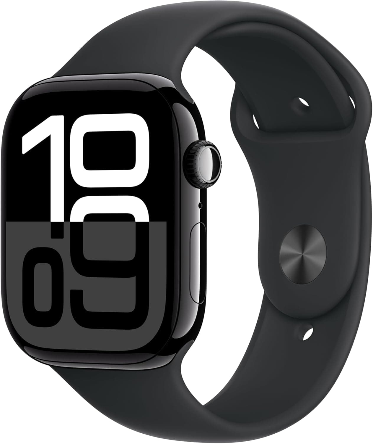Apple Watch Series 10 GPS Smartwatch com caixa de alumínio preto brilhante de 46 mm e correia desportiva preta - tamanho S/M. Monitor de treino, App ECG, ecrã Retina sempre ativo