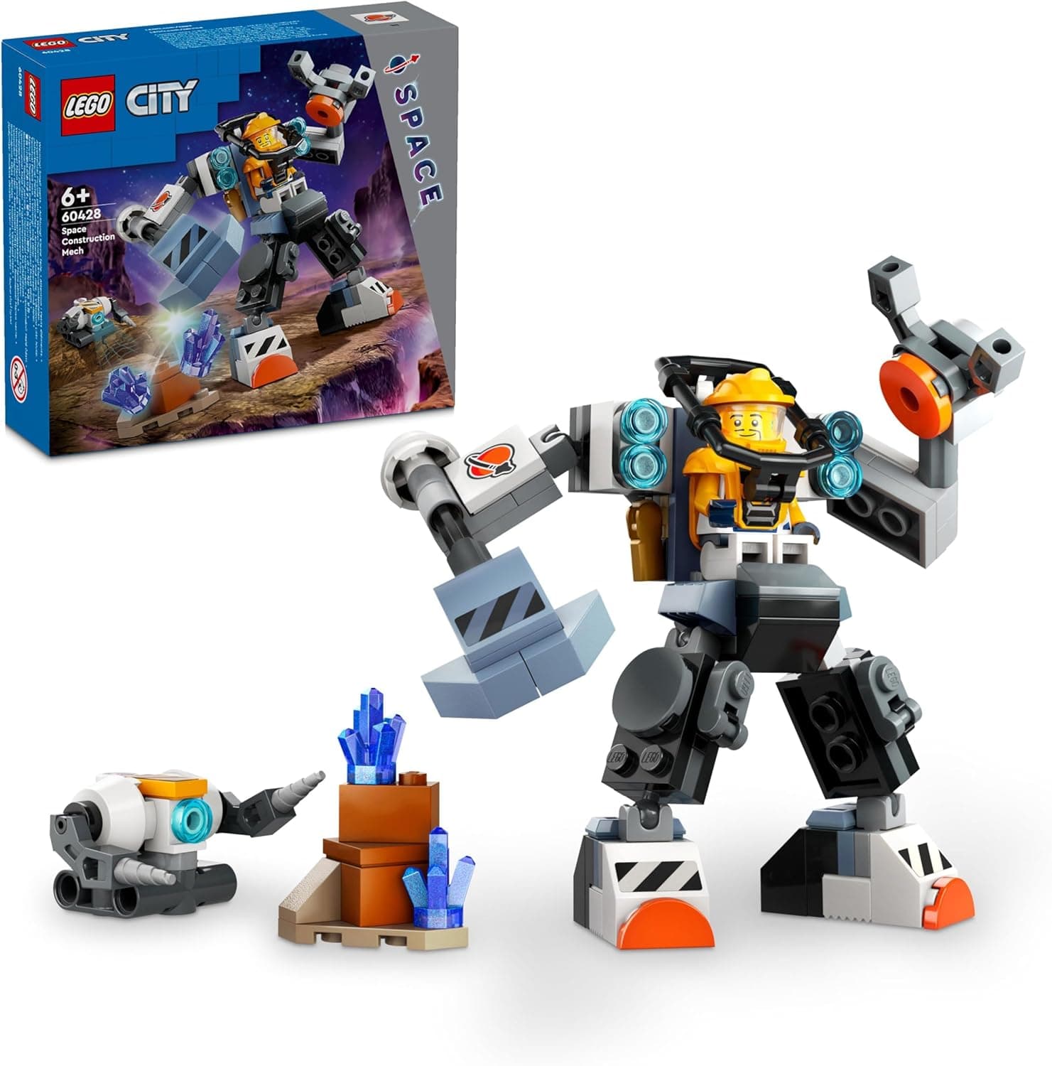 LEGO City Meca de construção espacial, fato do espaço, figura de robô de brinquedo, presente para meninos e meninas de 6 anos ou mais, jogo imaginativo, minifigura de astronauta piloto 60428