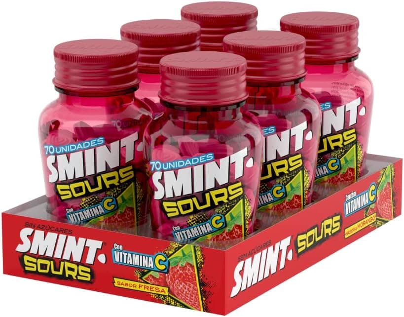 Smint Sours morango, caramelo comprimido sem açúcar, 6 unidades de 49 g. (Total 294 gr.)