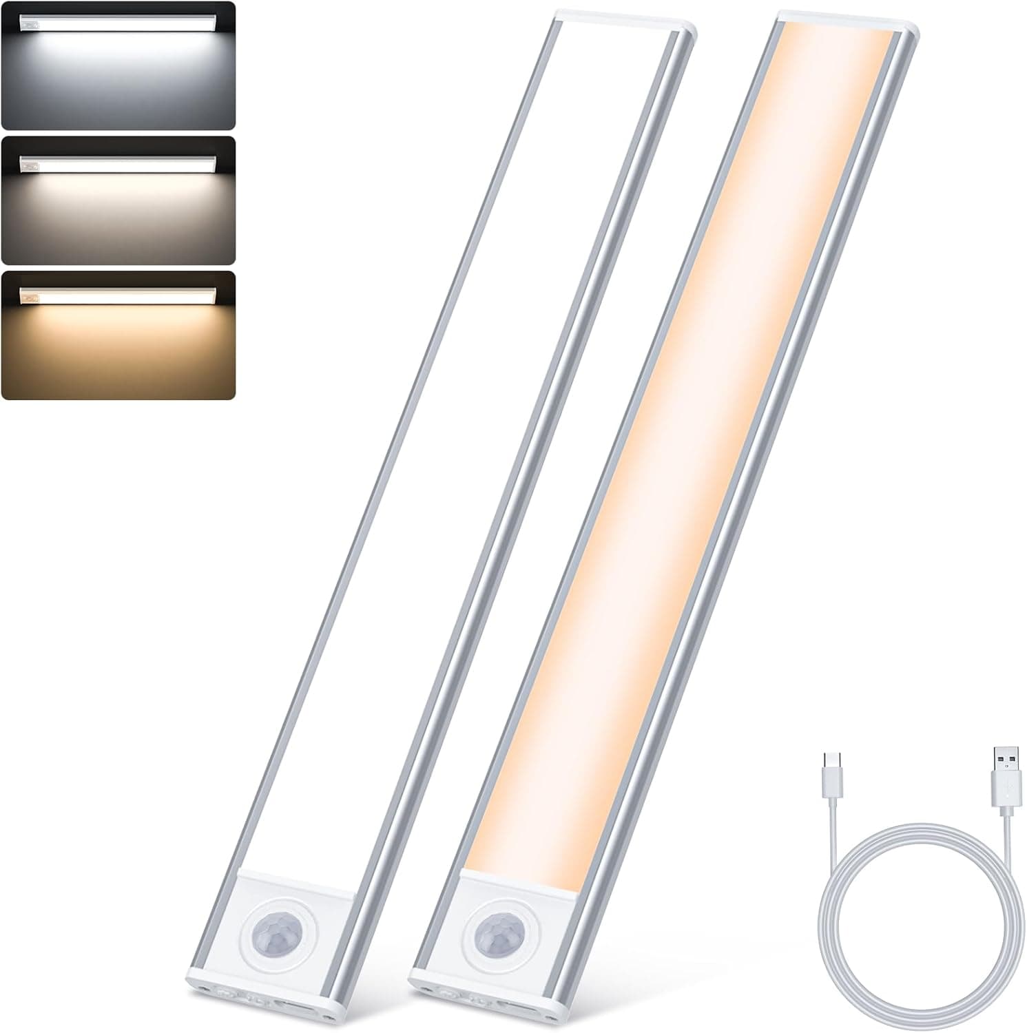 TRUMPETS 30 cm Luz LED com sensor de movimento 2500 mAh, luz LED armário com 3 cor 3 modos USB-C recarregável, 108 LED cozinha baixo móvel para armário corredor escada cave cozinha (2 peças)
