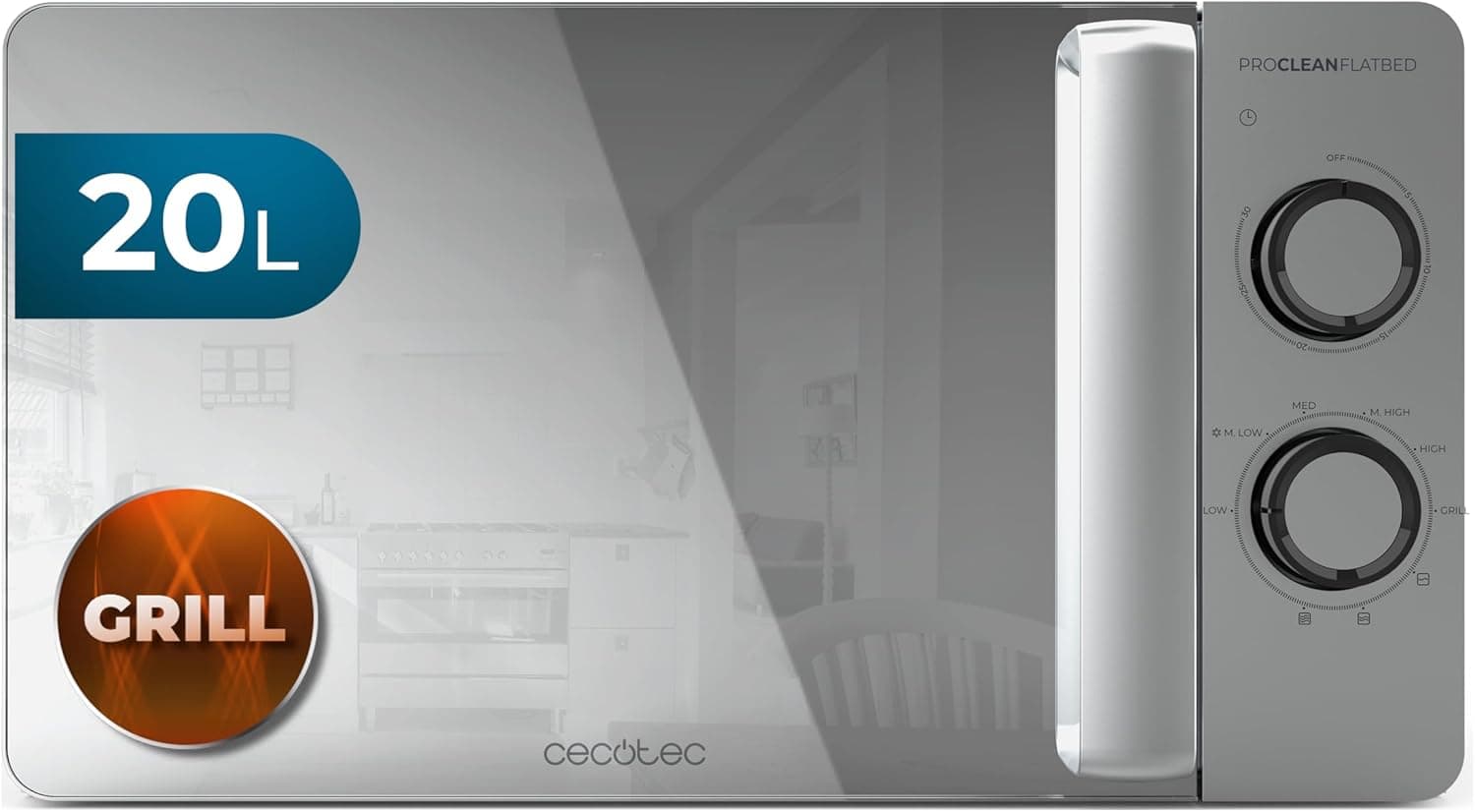 Cecotec Proclean 3160 Flatbed | Micro-ondas 20 L com grill, 700 W, interior cerâmico e porta espelhada