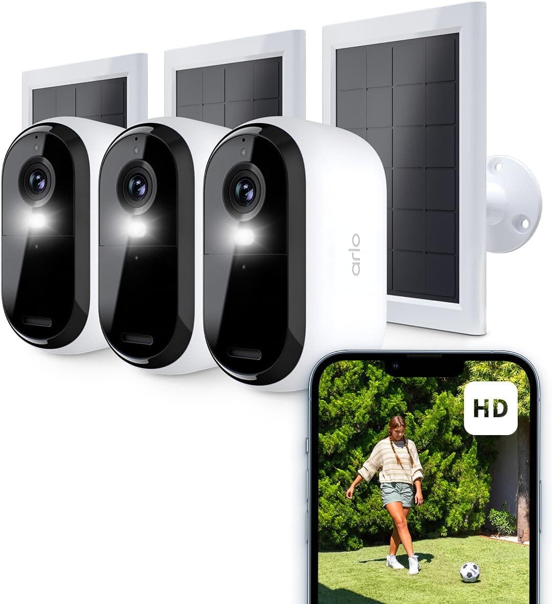 Arlo Essential 2 câmara de vigilância WiFi exterior painel solar (3), HD, câmara de vigilância WiFi interior, sensor de movimento, alarme para casa, teste de arco seguro incluído, 3 câmaras, brancas