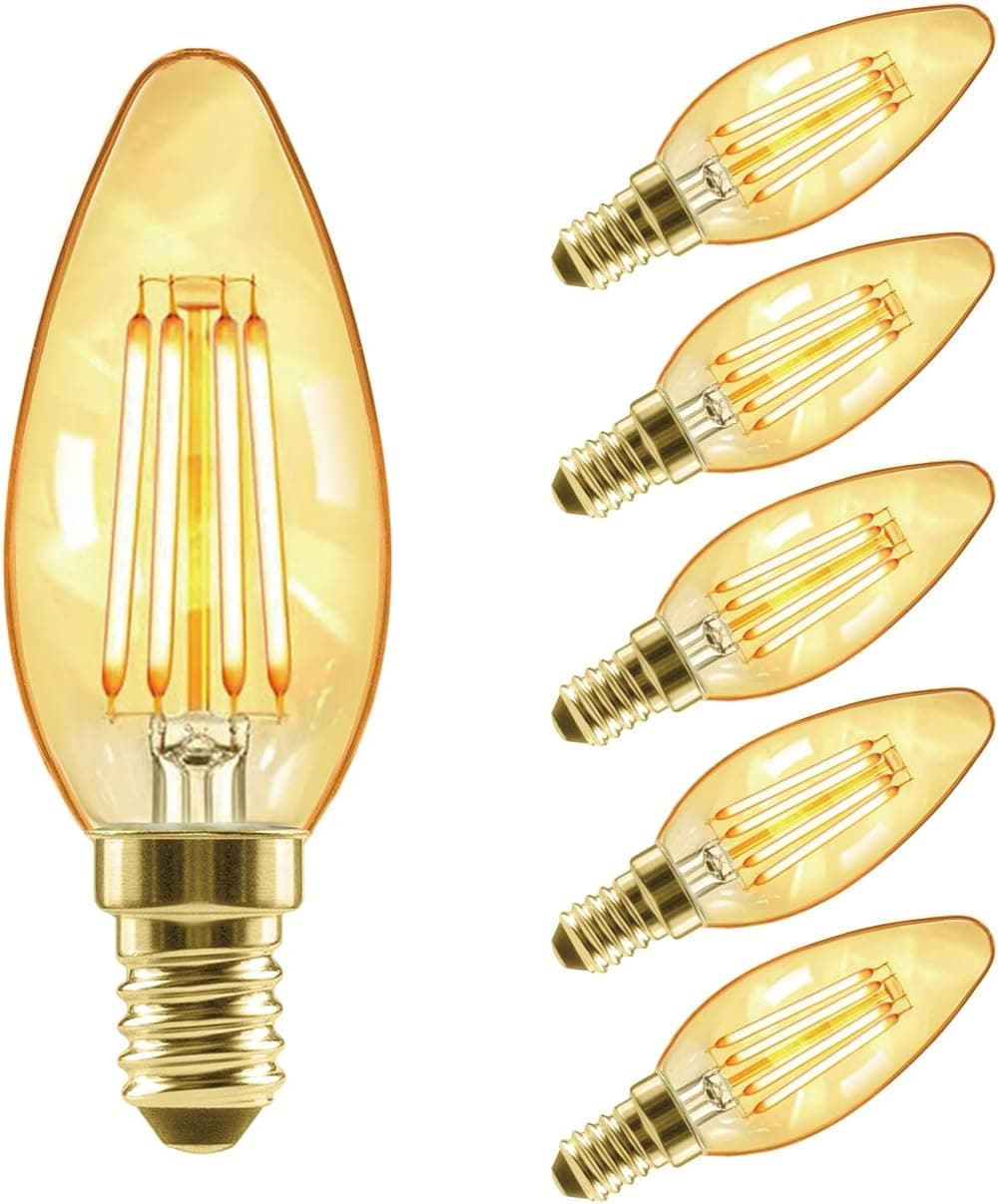 LVWIT 6 lâmpadas E14 vintage vela LED (casquilho fino) de 4 W, lâmpada Edison retro de branco quente 2500 K, lâmpada LED com filamento, equivalente a 40 W, 410 l, ângulo de feixe de 300 °