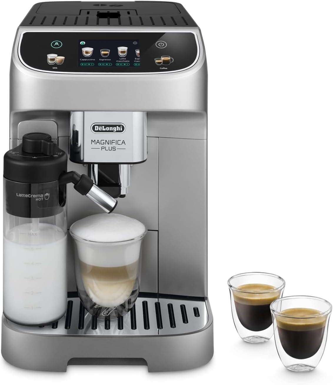 De'Longhi Magnifica Plus ECAM322.70.SB. Máquina de café super automática com sistema de leite LatteCreme Hot para cappuccino automático, 18 receitas, ecrã tátil cor, função extra hot, 1450 W
